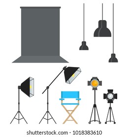Set of black video production icons. Equipment for photo studio, production of films and advertising. Flat vector cartoon illustration. Objects isolated on a white background.