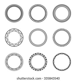 Set of black vintage circular frames with ornament. A set of abstract black symbols. Collection of retro banners. Circle empty templates with place for information and text.