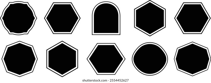 Set of black vintage label, badges shape. Polygonal elements with sharp and rounded edges ribbon banner collection. Black template for patch, insignias, overlay stickers.	