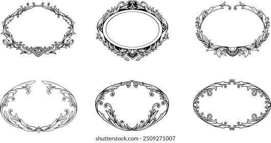 Set of black vintage oval frames and borders baroque engraving ornament with different shape. Swirl, flourish, victorian, damask, arabesque, filigree floral element  vector illustration