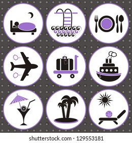 Set of black and violet traveling and accommodation icons on grey background