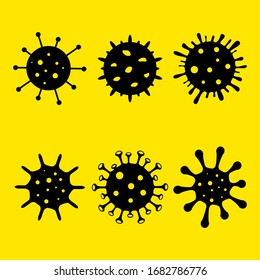Set of black virus icons. Coronavirus icon isolated on yellow background. China pathogen respiratory infection, asian flu outbreak. Microbe, bacterium icon in glyph style, corona virus. - Shutterstock ID 1682786776