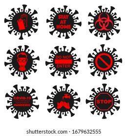 Set of black virus silhouettes with red text and awareness symbols isolated on white background