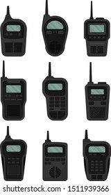 Set of black walkie-talkies with antenna. Vector illustration.
