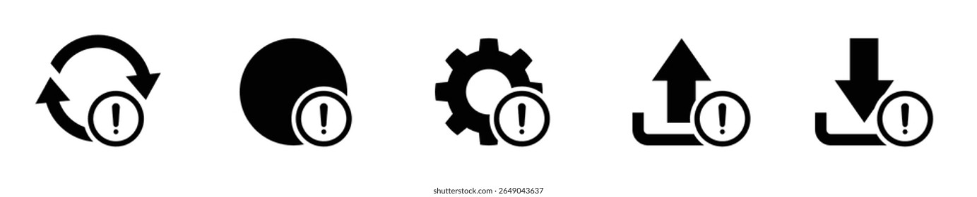 Set of black warning icons with exclamation marks combined with refresh time settings upload and download symbols representing error caution alert and important notice concepts