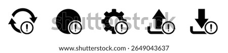 Set of black warning icons with exclamation marks combined with refresh time settings upload and download symbols representing error caution alert and important notice concepts