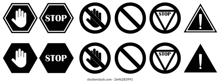 Set of black warning and stop signs including hand, exclamation mark and no entry symbols. Ideal for road safety, caution, and traffic related design or illustration. stop, ban, icons, vector, symbols