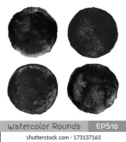Set of black watercolor circular backgrounds, vector illustration 