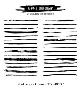 Set of black watercolor, ink hand drawn brush strokes, borders, dividers isolated. Grunge artistic backgrounds and banners. Trendy dry brush decor elements. All brushes are included in brush palette.