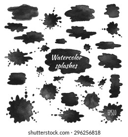 Set of black watercolor splashes. Vector illustration