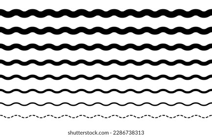Set of black wave lines vector. Curve wavy line from big to small. Geometric element. 