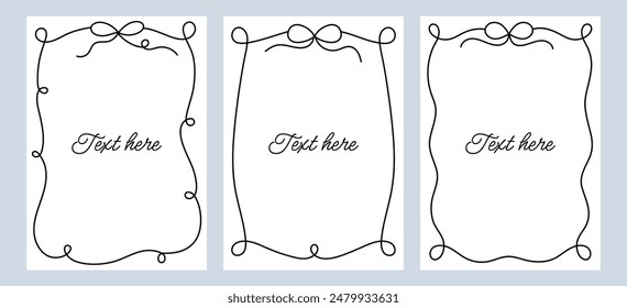 Set black wavy frames template with space for text. Hand drawn curl frames with bows isolated on background. Vertical border frame cards