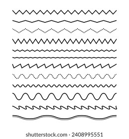 set of black wavy lines zig zag  editable stroke weight suitable as divider, seprator and graphic element