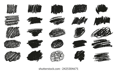 Set black wax crayon spots isolated on white background. Grunge chalk sketch collection. Hand drawn vector pencil stroke lines and doodles. Abstract charcoal children daub. Rough edges.