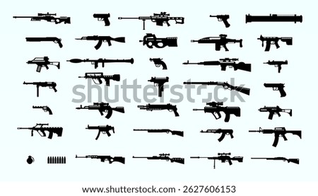 Set of black weapon silhouettes including pistols, rifles, machine guns, and grenades on white background. Ideal for game design, military infographics, and tactical UI elements.

