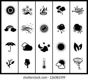 Set of black weather and nature icons isolated on black