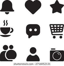 Conjunto de iconos de boda negros con símbolos de corazón y siluetas de vacaciones en un diseño de Ilustración vectorial para Botones de Web