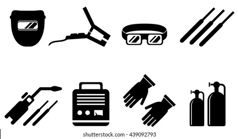 set of black welding equipment isolated icons