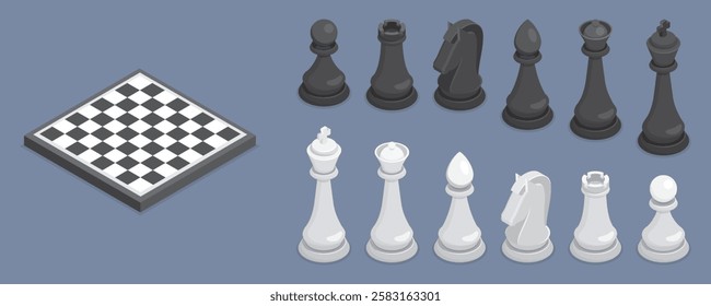 Set of black and white 3d chess pieces. Chessboard to play the game of chess. Flat isometric vector 10.