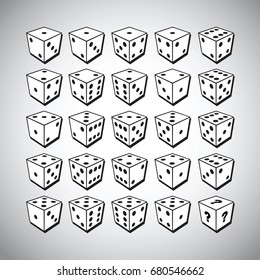 Set of black and white 3d dices. All possible variations.
