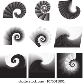 A set of black and white 3D spirals for the design of covers, booklets, covers, printing. Vector illustration.
