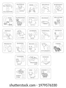 Set of black white ABC cards with pictures. Vector outline Illustration for children school textbook. Alligator buffalo crab dolphin fish giraffe hippo koala lion Muskox ostrich penguin rhino whale