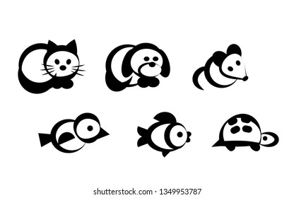 Set of black and white abstract animals. Cat, dog, rodent, bird, fish, reptile. Pet shop vector icons, logo.