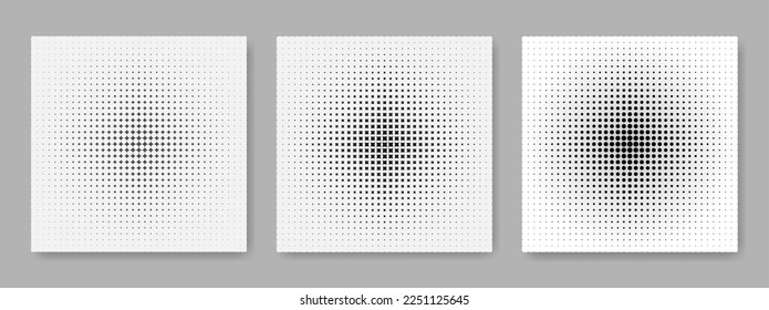 A set of black and white abstract background with a halftone pattern on a gray background. Halftone monochrome pattern with different elements. The effect of a disappearing gradient. Vector