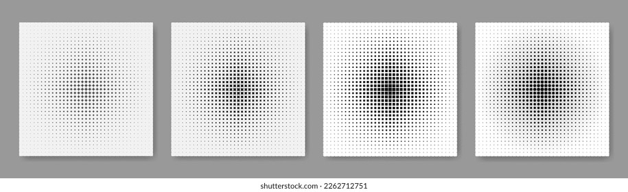 A set of black and white abstract background with a halftone pattern on a dark gray background. Halftone monochrome pattern with different elements. The effect of a disappearing gradient.