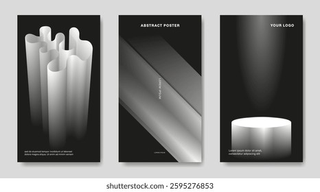 A set of black and white abstract backgrounds with 3D elements.