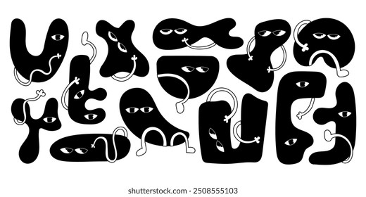 Conjunto de figura de carácter abstracto en blanco y negro. Forma geométrica con cara cómica en estilo y2k. Divertida figura infantil. Doodle ilustración plana para niños. Vector colección con emociones faciales.