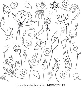 Set of black and white abstract flowers and plants.
