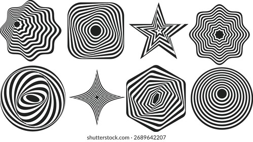 Conjunto de formas de ilusão óptica geométrica abstrata em preto e branco e padrões de linhas onduladas