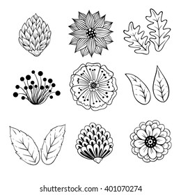 Set of Black and White Abstract Spring Floral and Leaf