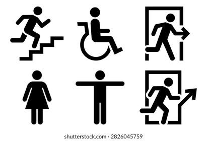A set of black and white accessibility pictograms illustrating people running, walking, using wheelchairs, and indicating exit directions on a white background.