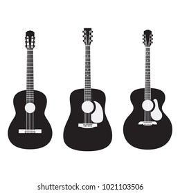 Set of black and white acoustic guitars isolated on white background. Popular types of guitars housing. Orchestra model. Dreadnought. Jumbo.