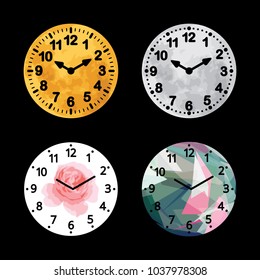 Set of black and white alarm clock icon design, classic vintage dial wall timer. Basic round face watch easy digit number show time by hour and minute.