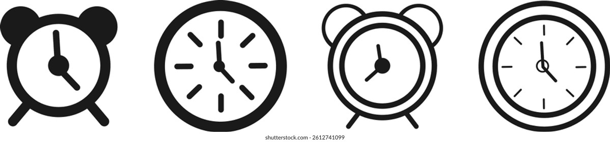 Set of black and white alarm clock icons in flat style. Simple and clean clock illustrations suitable for mobile apps, UI design, websites, print, and infographic purposes.