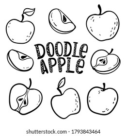 Set of Black and white apples with stem and leaf. Healthy vegetarian food. Cartoon comics style with contour. Decoration for greeting cards, posters, patches, prints for clothes, emblems.