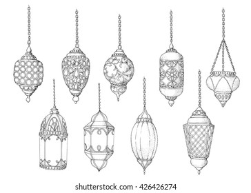 Set of black and white arabic lanterns. Ramadan Kareem. Sketch. Isolated.