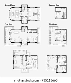 Set of Black and White architectural plans of a house. Layout of the apartment with the furniture in the drawing view. Vector illustration