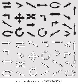 A set of black and white arrow icons in different angles on a gray background.Different arrows showing different directions are made in 3d style.Used in design elements.Isometric vector illustration.