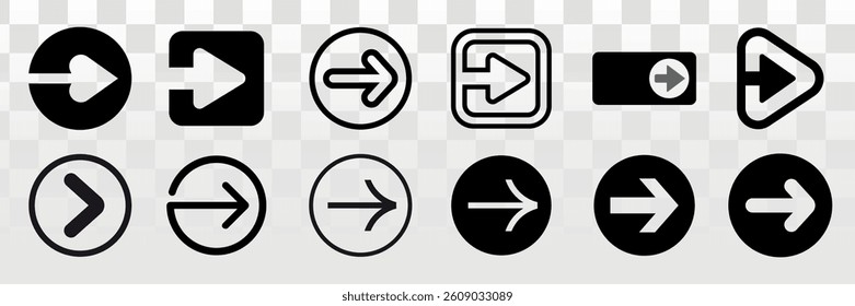 Set of black and white arrow icons. Arrows in circles, squares, and standalone. Diverse arrow designs, black and white. Arrow symbols for navigation. Arrow icon vector set.
