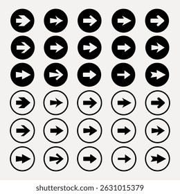 Set of black and white arrow icons in circles. Various arrow designs pointing right. Simple arrow graphics for navigation or direction. Circular arrow symbols. Element vector set.
