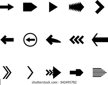 Set of black and white arrow icons. Pointer and arrowhead, signpost label, navigation and upload, orientation button.
