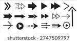 A set of black and white arrow symbols pointing in multiple directions with various shapes and styles