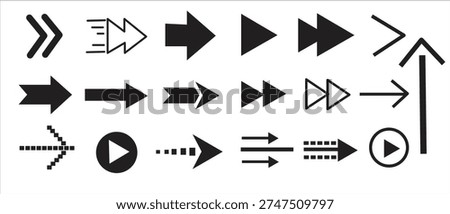 A set of black and white arrow symbols pointing in multiple directions with various shapes and styles