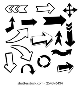 Set of black and white arrows. Drawn by hand.