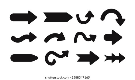 Set of black and white arrows in various styles and directions. Includes curved, straight, zigzag, and looped arrows, perfect for infographics, UI design, navigation icons, and creative illustrations.