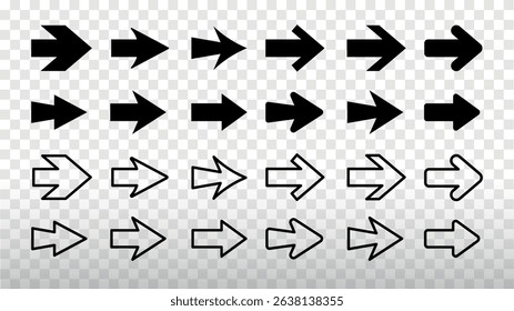 Set of black and white arrows. Various arrow styles, including filled and outlined arrows, pointing in different directions. Element vector set.